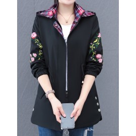 女性用ミドル丈フローラル刺繍トレンチコート - カジュアルなフード付きジャケット、ジッパークロージャー、長袖、装飾ボタン付き 春/秋向け