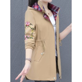 女性用ミドル丈フローラル刺繍トレンチコート - カジュアルなフード付きジャケット、ジッパークロージャー、長袖、装飾ボタン付き 春/秋向け