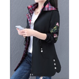 女性用ミドル丈フローラル刺繍トレンチコート - カジュアルなフード付きジャケット、ジッパークロージャー、長袖、装飾ボタン付き 春/秋向け