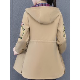 女性用ミドル丈フローラル刺繍トレンチコート - カジュアルなフード付きジャケット、ジッパークロージャー、長袖、装飾ボタン付き 春/秋向け