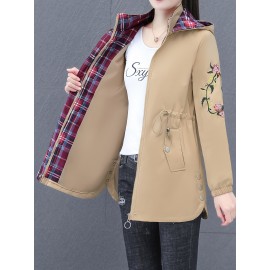 女性用ミドル丈フローラル刺繍トレンチコート - カジュアルなフード付きジャケット、ジッパークロージャー、長袖、装飾ボタン付き 春/秋向け