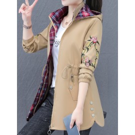 女性用ミドル丈フローラル刺繍トレンチコート - カジュアルなフード付きジャケット、ジッパークロージャー、長袖、装飾ボタン付き 春/秋向け