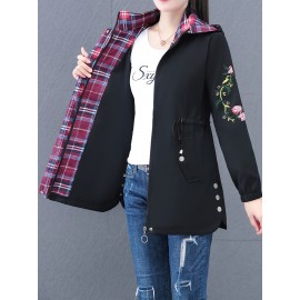 女性用ミドル丈フローラル刺繍トレンチコート - カジュアルなフード付きジャケット、ジッパークロージャー、長袖、装飾ボタン付き 春/秋向け