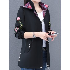 女性用ミドル丈フローラル刺繍トレンチコート - カジュアルなフード付きジャケット、ジッパークロージャー、長袖、装飾ボタン付き 春/秋向け