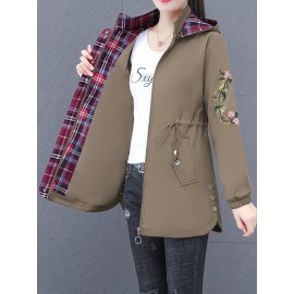 女性用ミドル丈フローラル刺繍トレンチコート - カジュアルなフード付きジャケット、ジッパークロージャー、長袖、装飾ボタン付き 春/秋向け