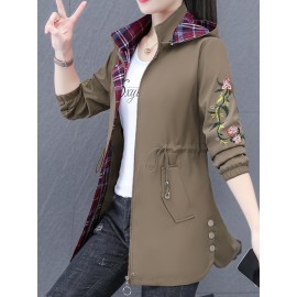 女性用ミドル丈フローラル刺繍トレンチコート - カジュアルなフード付きジャケット、ジッパークロージャー、長袖、装飾ボタン付き 春/秋向け