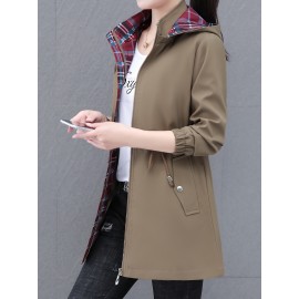 レディース カジュアル ミディ フード付きジャケット、チェック柄ポリエステル100% 長袖、ドローストリングウエスト付き、レギュラーフィット ジップアップアウトドアコート 春/秋用、124g/m² ウーブンファブリック