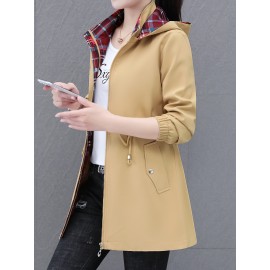 レディース カジュアル ミディ フード付きジャケット、チェック柄ポリエステル100% 長袖、ドローストリングウエスト付き、レギュラーフィット ジップアップアウトドアコート 春/秋用、124g/m² ウーブンファブリック