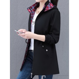 レディース カジュアル ミディ フード付きジャケット、チェック柄ポリエステル100% 長袖、ドローストリングウエスト付き、レギュラーフィット ジップアップアウトドアコート 春/秋用、124g/m² ウーブンファブリック