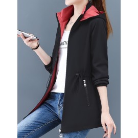 カラーブロックフード付きジャケット、カジュアル、春秋用、女性用