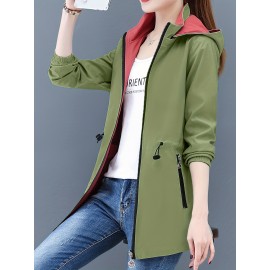 カラーブロックフード付きジャケット、カジュアル、春秋用、女性用