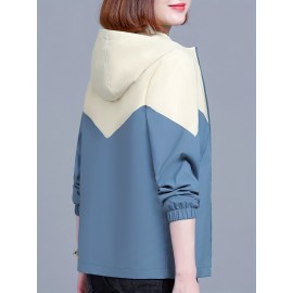 レディース カラーブロック フード付きジャケット - カジュアル 長袖 ジップアップ ドローストリングフード、春秋用 軽量ポリエステル、ブルー＆ベージュのツートンデザイン、ジップアップパーカー