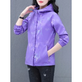 女性用軽量パープルフード付きジャケット - カジュアルなジップアップカーディガン、ポケット付き、レタープリントデザイン、春/夏ファッション、ポリエステル、伸縮性のない生地、手洗いのみ