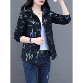 女性用軽量パープルフード付きジャケット - カジュアルなジップアップカーディガン、ポケット付き、レタープリントデザイン、春/夏ファッション、ポリエステル、伸縮性のない生地、手洗いのみ