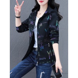 女性用軽量パープルフード付きジャケット - カジュアルなジップアップカーディガン、ポケット付き、レタープリントデザイン、春/夏ファッション、ポリエステル、伸縮性のない生地、手洗いのみ