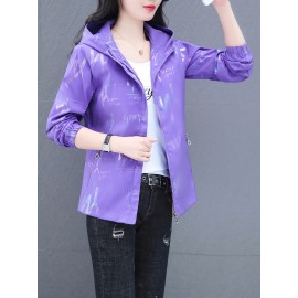 女性用軽量パープルフード付きジャケット - カジュアルなジップアップカーディガン、ポケット付き、レタープリントデザイン、春/夏ファッション、ポリエステル、伸縮性のない生地、手洗いのみ