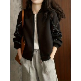 ストライプ ジップアップ ボンバージャケット、春と秋用のカジュアルな長袖ベースボールジャケット、レディース服
