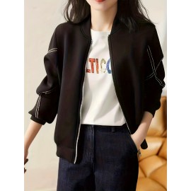 ストライプ ジップアップ ボンバージャケット、春と秋用のカジュアルな長袖ベースボールジャケット、レディース服