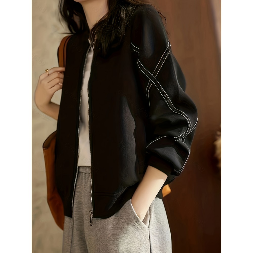 ストライプ ジップアップ ボンバージャケット、春と秋用のカジュアルな長袖ベースボールジャケット、レディース服 ストライプ ジップアップ ボンバージャケット、春と秋用のカジュアルな長袖ベースボールジャケット、レディース服