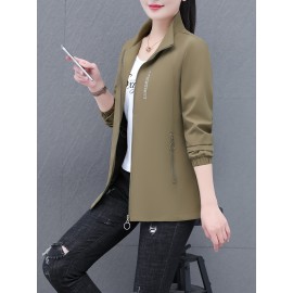 女性用軽量春ジャケット - スタンドカラー、ジッパーポケット、伸縮性カフス付きカジュアルオレンジ風切手、アウトドア活動、カジュアル外出用アパレル|スポーティ風切手|フルジップデザイン、風切手ジャケット