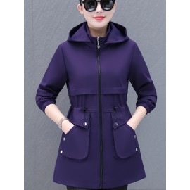女性用カジュアルジャケット、新春秋ファッション、スタイリッシュな取り外し可能なフード付きウィンドブレーカー、中年女性向け。