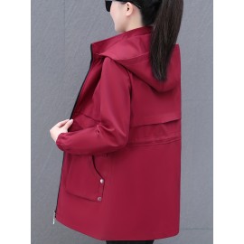 女性用カジュアルジャケット、新春秋ファッション、スタイリッシュな取り外し可能なフード付きウィンドブレーカー、中年女性向け。