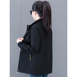 女性用のエレガントなポリエステルマンダリンカラージャケット - 無地、織り、ボタンデータル、軽量 125g/m² ファブリック、105g/m² リニング - カジュアルな春/秋のアウターウェア