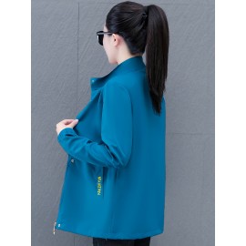 女性用のエレガントなポリエステルマンダリンカラージャケット - 無地、織り、ボタンデータル、軽量 125g/m² ファブリック、105g/m² リニング - カジュアルな春/秋のアウターウェア