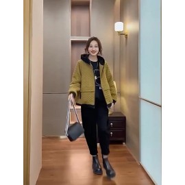 女性用フード付きポリエステルジャケット、シンプル、保温性、ポケット付き