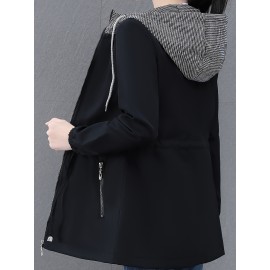 女性用カジュアルフード付きジッパープレースジャケット、ソリッドカラー、長袖、ミディ丈、ポリエステル100%裏地、春/秋用、新着、中年ママ向け
