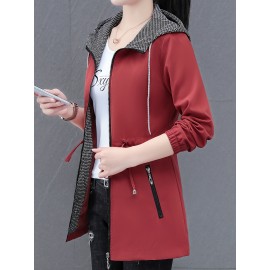 女性用カジュアルフード付きジッパープレースジャケット、ソリッドカラー、長袖、ミディ丈、ポリエステル100%裏地、春/秋用、新着、中年ママ向け