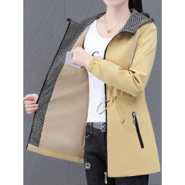 女性用カジュアルフード付きジッパープレースジャケット、ソリッドカラー、長袖、ミディ丈、ポリエステル100%裏地、春/秋用、新着、中年ママ向け