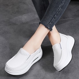 女性用スニーカー、厚底、丸トゥ、白、カジュアル