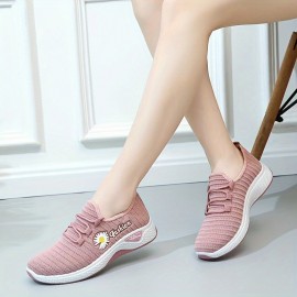 女性用フラワー柄編みニットスニーカー、クッション性のあるプラットフォーム、通気性抜群