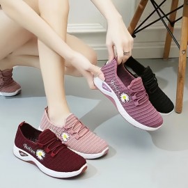 女性用フラワー柄編みニットスニーカー、クッション性のあるプラットフォーム、通気性抜群