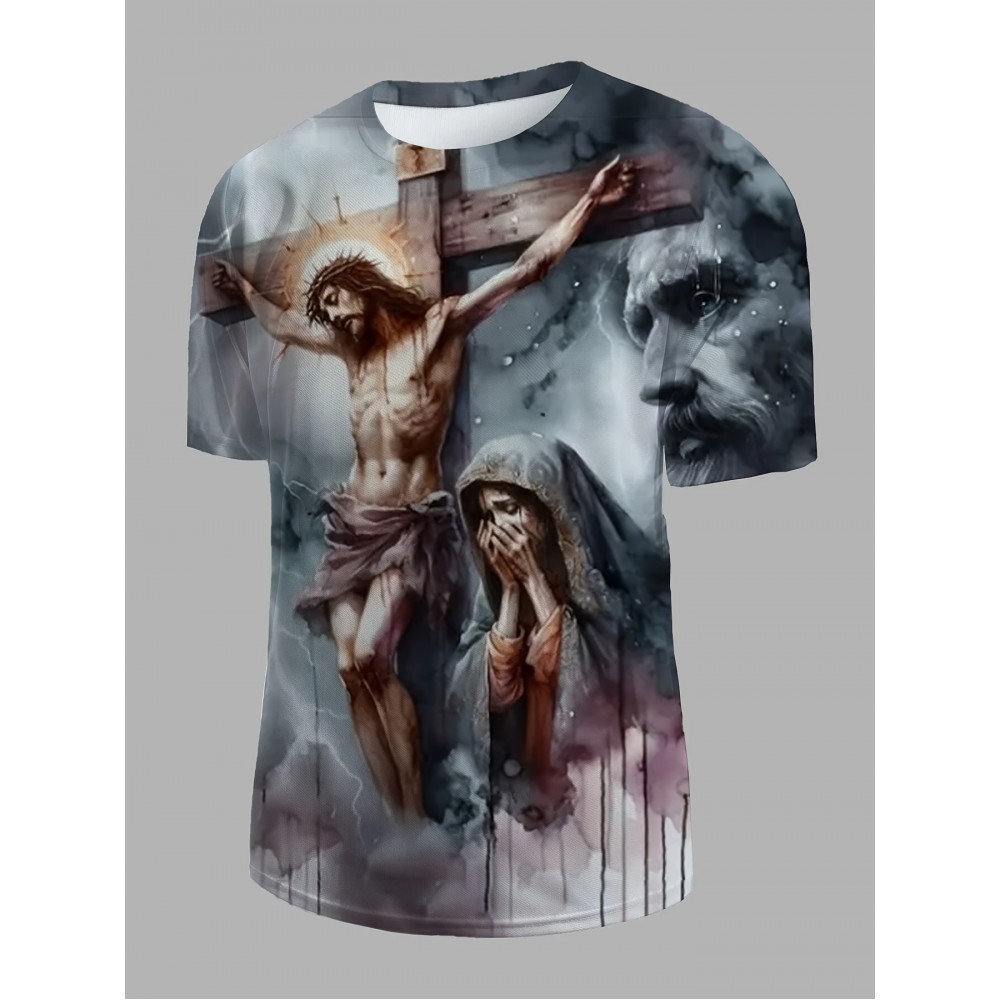 イエスプリントTシャツ - 十字架と嵐の空デザインの宗教アートワーク、カジュアルラウンドネックティー、洗濯機可オールシーズン快適、男女兼用スピリチュアルウェア、宗教服装 | ステートメントファッション | 耐久性のある生地 イエスプリントTシャツ - 十字架と嵐の空デザインの宗教アートワーク、カジュアルラウンドネックティー、洗濯機可オールシーズン快適、男女兼用スピリチュアルウェア、宗教服装 | ステートメントファッション | 耐久性のある生地