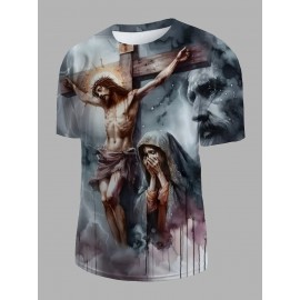 イエスプリントTシャツ - 十字架と嵐の空デザインの宗教アートワーク、カジュアルラウンドネックティー、洗濯機可オールシーズン快適、男女兼用スピリチュアルウェア、宗教服装 | ステートメントファッション | 耐久性のある生地