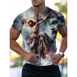 イエスプリントTシャツ - 十字架と嵐の空デザインの宗教アートワーク、カジュアルラウンドネックティー、洗濯機可オールシーズン快適、男女兼用スピリチュアルウェア、宗教服装 | ステートメントファッション | 耐久性のある生地