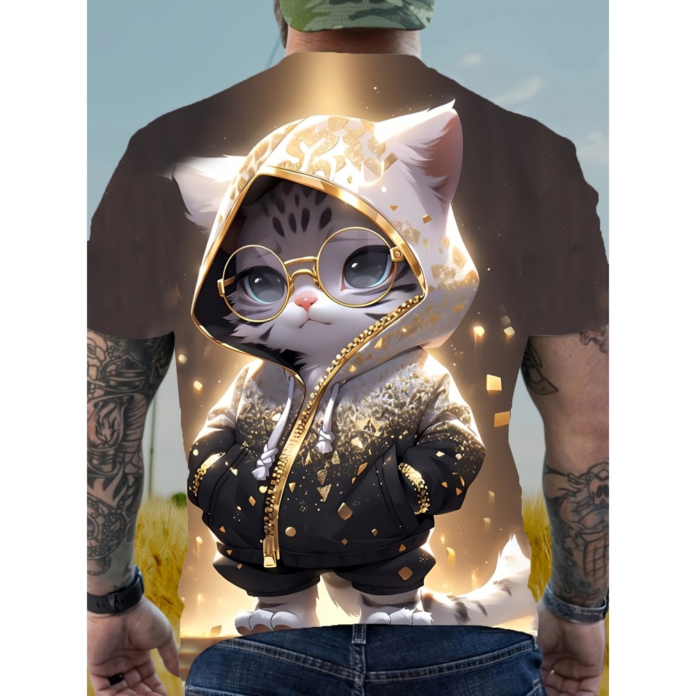 メンズ スタイリッシュ グラフィックTシャツ - メガネをかけた愛らしい猫&フーディー デザイン、ゴールデン グリッター プリント、カジュアル ストレッチ クルーネック 半袖Tシャツ、軽量ポリエステル生地、レイヤリングや単独のスタイルに最適、季節のファッション | グリッタープリント シャツ | 快適なフィット感、キャットシャツ メンズ スタイリッシュ グラフィックTシャツ - メガネをかけた愛らしい猫&フーディー デザイン、ゴールデン グリッター プリント、カジュアル ストレッチ クルーネック 半袖Tシャツ、軽量ポリエステル生地、レイヤリングや単独のスタイルに最適、季節のファッション | グリッタープリント シャツ | 快適なフィット感、キャットシャツ