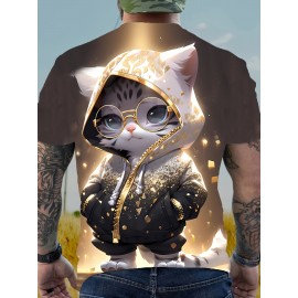 メンズ スタイリッシュ グラフィックTシャツ - メガネをかけた愛らしい猫＆フーディー デザイン、ゴールデン グリッター プリント、カジュアル ストレッチ クルーネック 半袖Tシャツ、軽量ポリエステル生地、レイヤリングや単独のスタイルに最適、季節のファッション | グリッタープリント シャツ | 快適なフィット感、キャットシャツ