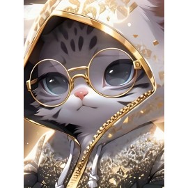 メンズ スタイリッシュ グラフィックTシャツ - メガネをかけた愛らしい猫＆フーディー デザイン、ゴールデン グリッター プリント、カジュアル ストレッチ クルーネック 半袖Tシャツ、軽量ポリエステル生地、レイヤリングや単独のスタイルに最適、季節のファッション | グリッタープリント シャツ | 快適なフィット感、キャットシャツ