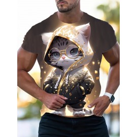 メンズ スタイリッシュ グラフィックTシャツ - メガネをかけた愛らしい猫＆フーディー デザイン、ゴールデン グリッター プリント、カジュアル ストレッチ クルーネック 半袖Tシャツ、軽量ポリエステル生地、レイヤリングや単独のスタイルに最適、季節のファッション | グリッタープリント シャツ | 快適なフィット感、キャットシャツ