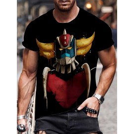 【日常の快適さ】メンズファッショナブルなグラフィックTシャツ - 鮮やかなロボットハートデザイン、カジュアル＆ストレッチ性のあるラウンドネック半袖Tシャツ、通気性ポリエステル、夏の着用に最適、多用途の服装|大胆なプリントシャツ|ストレッチ素材