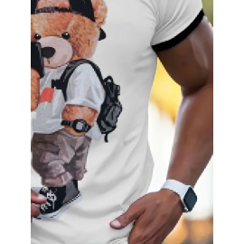 メンズカジュアルクルーネック半袖Tシャツ - ストレッチポリエステルブレンド、クールなテディベアグラフィックプリント付きホワイト、カジュアルアティア用サマースポーティティー、日常Tシャツ | トレンディなニットウェア | 洗濯機可