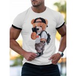 メンズカジュアルクルーネック半袖Tシャツ - ストレッチポリエステルブレンド、クールなテディベアグラフィックプリント付きホワイト、カジュアルアティア用サマースポーティティー、日常Tシャツ | トレンディなニットウェア | 洗濯機可