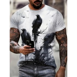 メンズファッションカジュアルクルーネックTシャツ、100％ポリエステル、わずかなストレッチ、夏の半袖トップス、レギュラーフィット、ブラッククロウプリント、140g/m²ニット生地 - 多用途で通気性があります