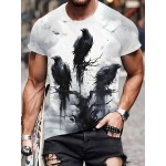 メンズファッションカジュアルクルーネックTシャツ、100％ポリエステル、わずかなストレッチ、夏の半袖トップス、レギュラーフィット、ブラッククロウプリント、140g/m²ニット生地 - 多用途で通気性があります