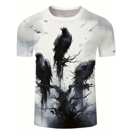 メンズファッションカジュアルクルーネックTシャツ、100％ポリエステル、わずかなストレッチ、夏の半袖トップス、レギュラーフィット、ブラッククロウプリント、140g/m²ニット生地 - 多用途で通気性があります