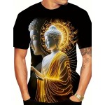 メンズ スタイリッシュ グラフィック Tシャツ - 鮮やかな仏陀デザイン、カジュアル＆快適なポリエステル クルーネック ティー、半袖、ブラックにゴールドの色合い、カジュアルな服装に最適、夏のファッショントップ | トレンディなカジュアルシャツ | スムーズなテクスチャー ティー