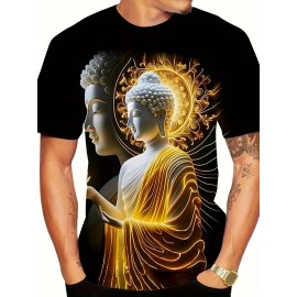 メンズ スタイリッシュ グラフィック Tシャツ - 鮮やかな仏陀デザイン、カジュアル＆快適なポリエステル クルーネック ティー、半袖、ブラックにゴールドの色合い、カジュアルな服装に最適、夏のファッショントップ | トレンディなカジュアルシャツ | スムーズなテクスチャー ティー